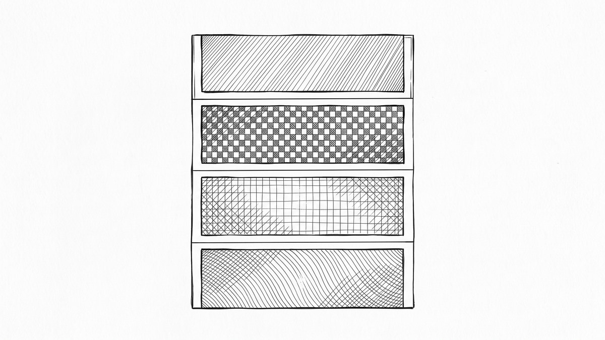 Pen drawing of a QBO file's internal structure showing four stacked sections, representing signon, account info, statement transactions, and balance.