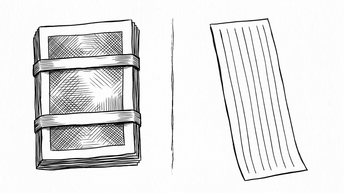 Pen drawing comparing a structured multi-section QBO file with a flat CSV file, illustrating why QBO imports more cleanly into QuickBooks.