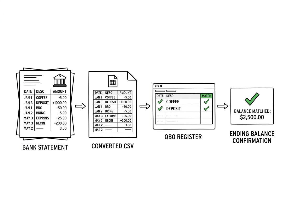 How to Reconcile a Bank Account in QuickBooks Online: The 10-Minute Monthly Workflow QBO reconciliation flow from bank statement through register matching