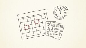 Pen-style line drawing of a calendar with two months highlighted and bank statement PDFs