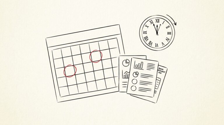Pen-style line drawing of a calendar with two months highlighted and bank statement PDFs