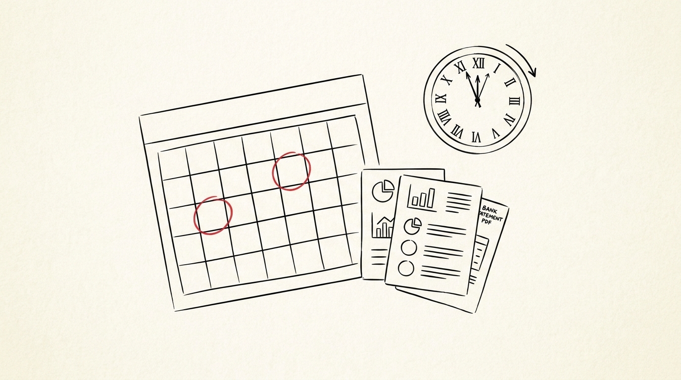 Pen-style line drawing of a calendar with two months highlighted and bank statement PDFs