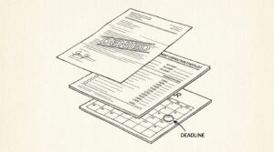 Pen-style line drawing of a denial letter with bank statement correction checklist and reapplication deadline