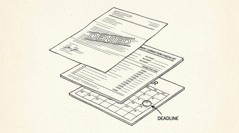 Pen-style line drawing of a denial letter with bank statement correction checklist and reapplication deadline