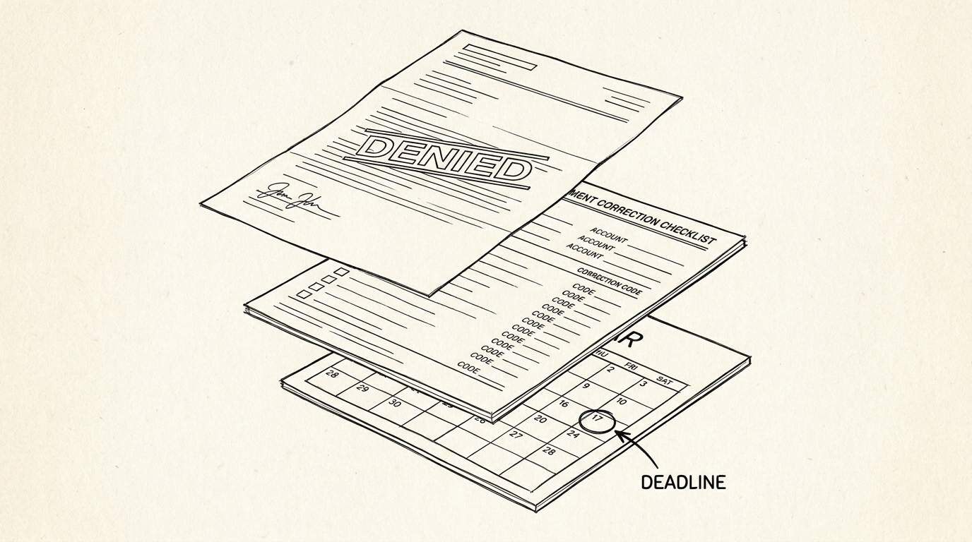 Pen-style line drawing of a denial letter with bank statement correction checklist and reapplication deadline