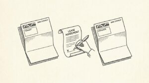 Pen-style line drawing of two bank statements side by side for tenant and cosigner