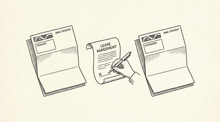 Pen-style line drawing of two bank statements side by side for tenant and cosigner