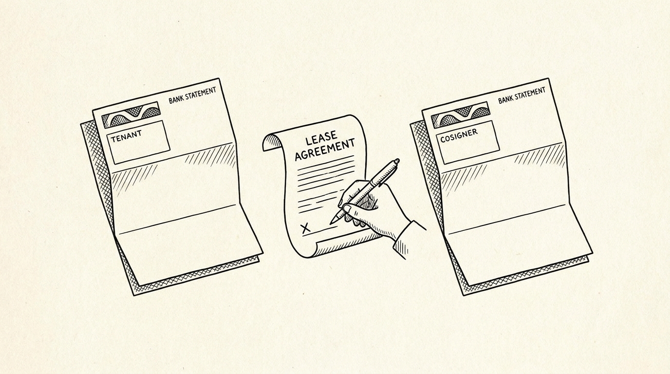 Pen-style line drawing of two bank statements side by side for tenant and cosigner