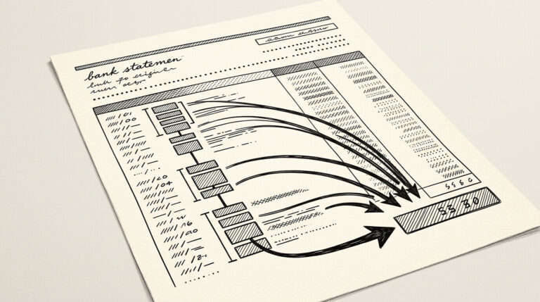 Pen-style line drawing of a bank statement with monthly income deposits highlighted
