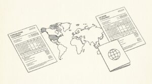 Pen-style line drawing of a world map with USA highlighted, foreign and US bank statements