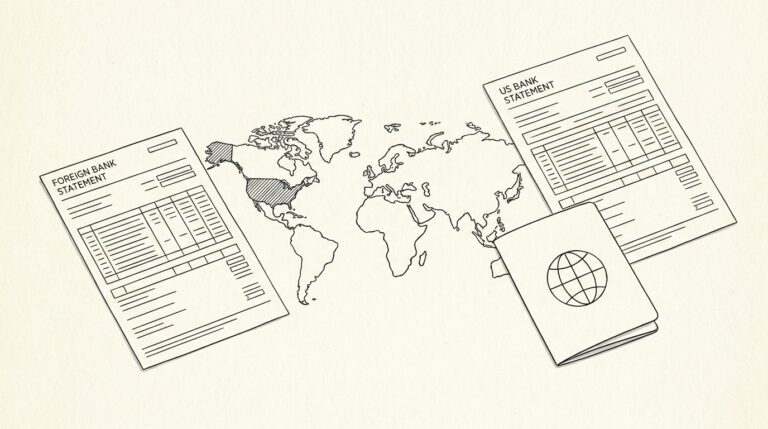 Pen-style line drawing of a world map with USA highlighted, foreign and US bank statements