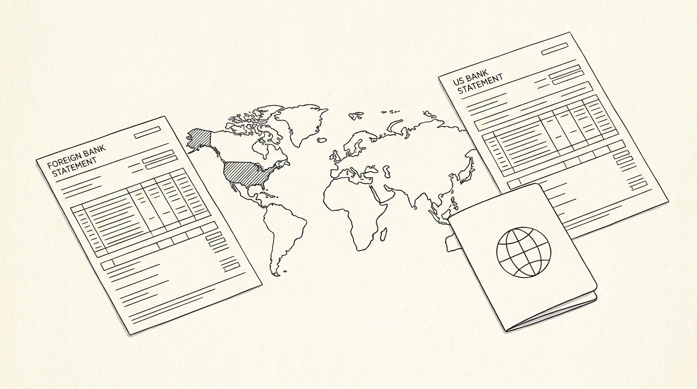 Pen-style line drawing of a world map with USA highlighted, foreign and US bank statements