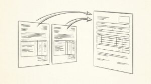 Pen-style line drawing of two bank statements with combined income arrows