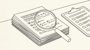 Pen-style line drawing of a stack of rental applications with screening checklist and magnifying glass