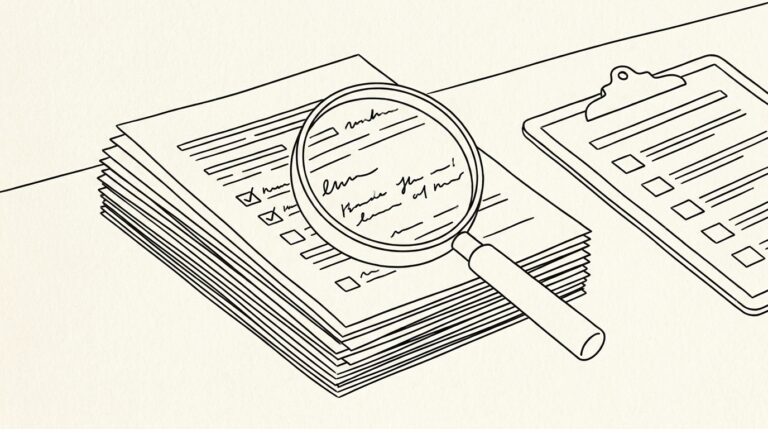 Pen-style line drawing of a stack of rental applications with screening checklist and magnifying glass