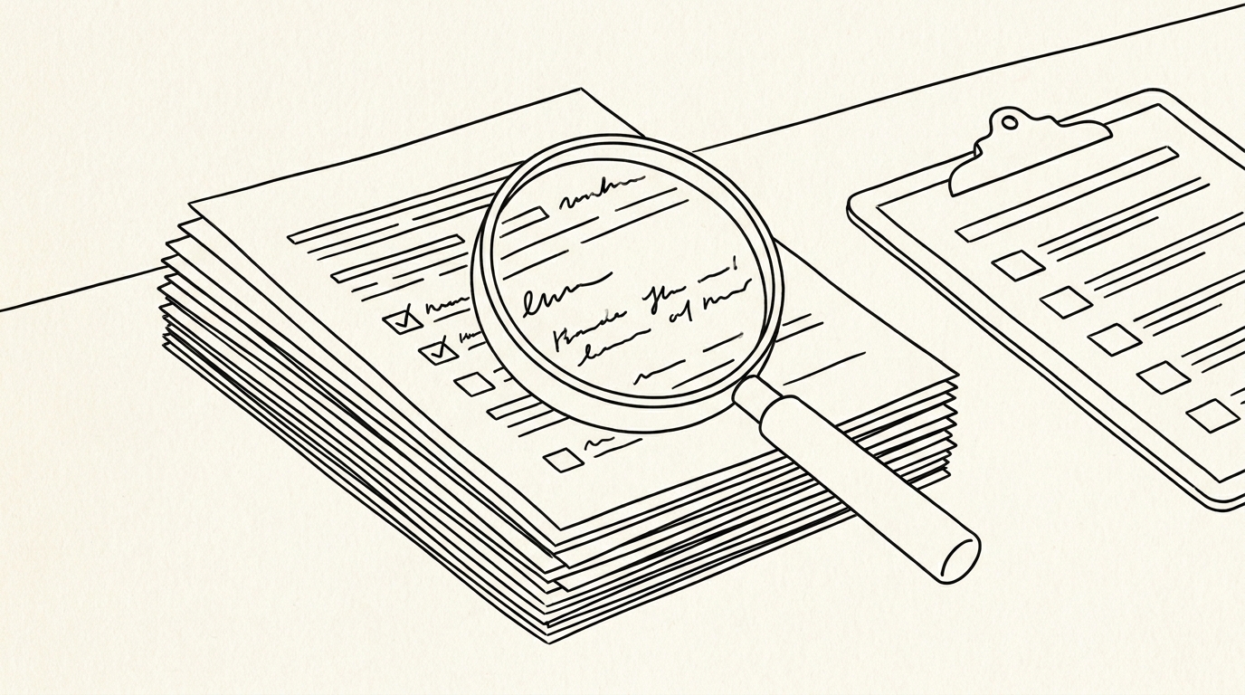 Landlord Bank Statement Screening Guide: 5 Checks, Pass/Fail, 30 Minutes per Applicant Pen-style line drawing of a stack of rental applications with screening checklist and magnifying glass