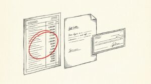 Pen-style line drawing of a bank statement with large deposit circled and gift letter beside it