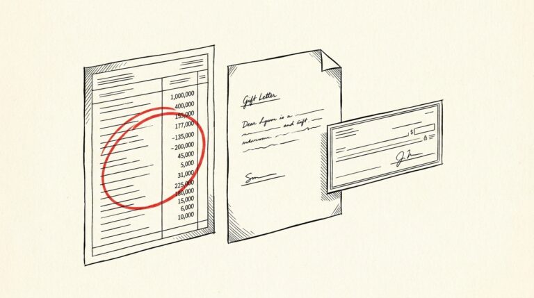 Pen-style line drawing of a bank statement with large deposit circled and gift letter beside it