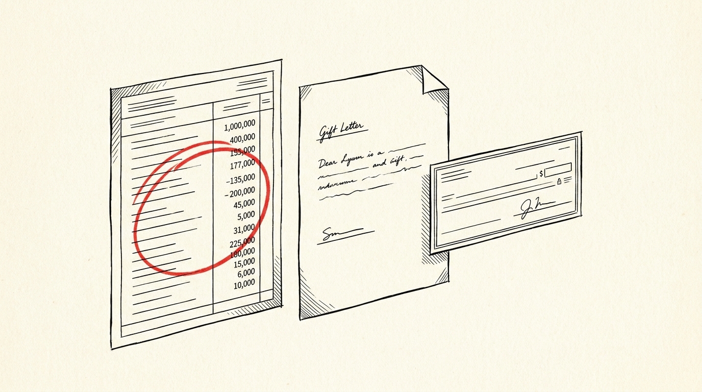 Pen-style line drawing of a bank statement with large deposit circled and gift letter beside it