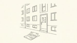 Pen-style line drawing of an apartment building with a rental application form and bank statement