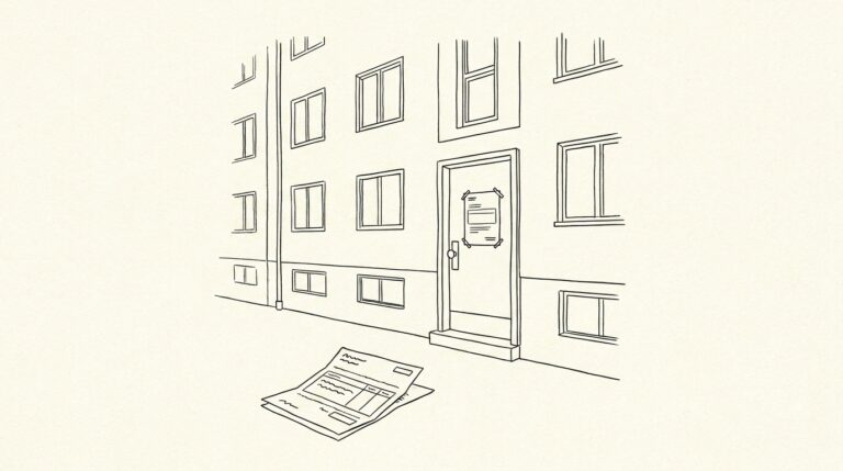 Pen-style line drawing of an apartment building with a rental application form and bank statement