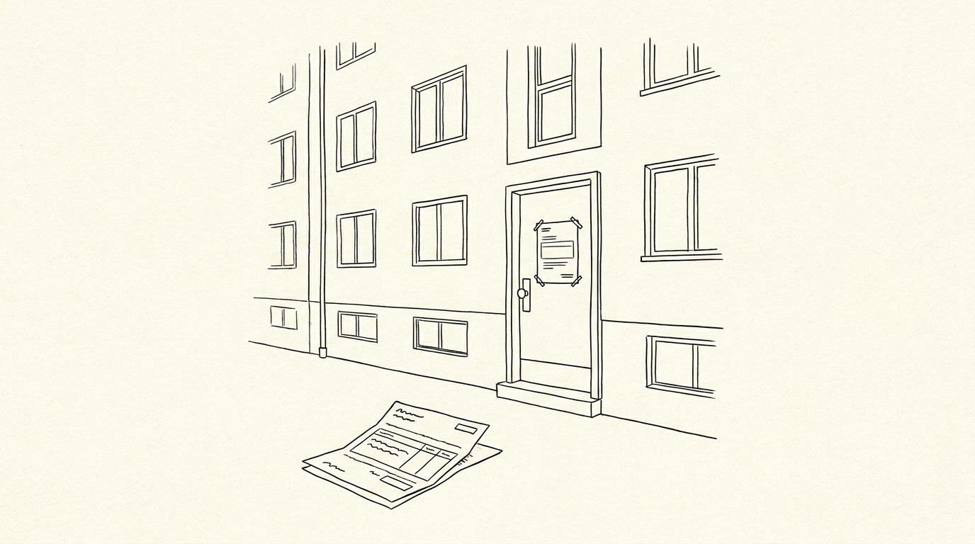 Pen-style line drawing of an apartment building with a rental application form and bank statement