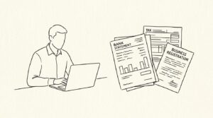 Pen-style line drawing of a person at laptop with bank statement showing variable income and tax form