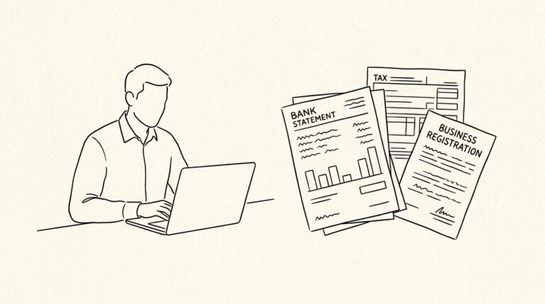 Pen-style line drawing of a person at laptop with bank statement showing variable income and tax form