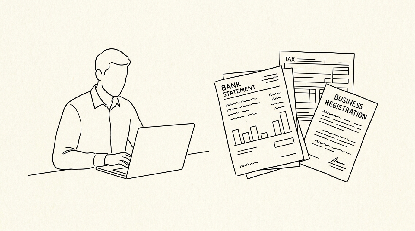 Pen-style line drawing of a person at laptop with bank statement showing variable income and tax form