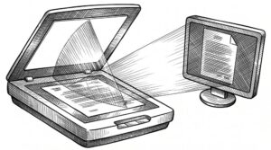 Pen drawing of a document being scanned by a beam of light.