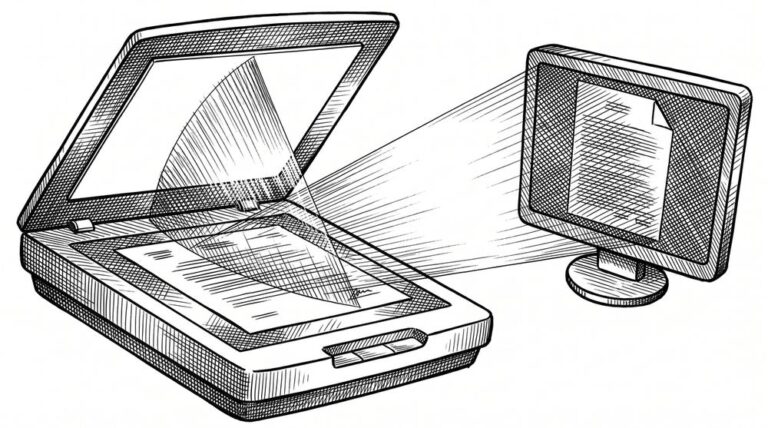 Convert a Scanned Bank Statement to Excel: The 5-Minute Pre-Processing Pen drawing of a document being scanned by a beam of light.