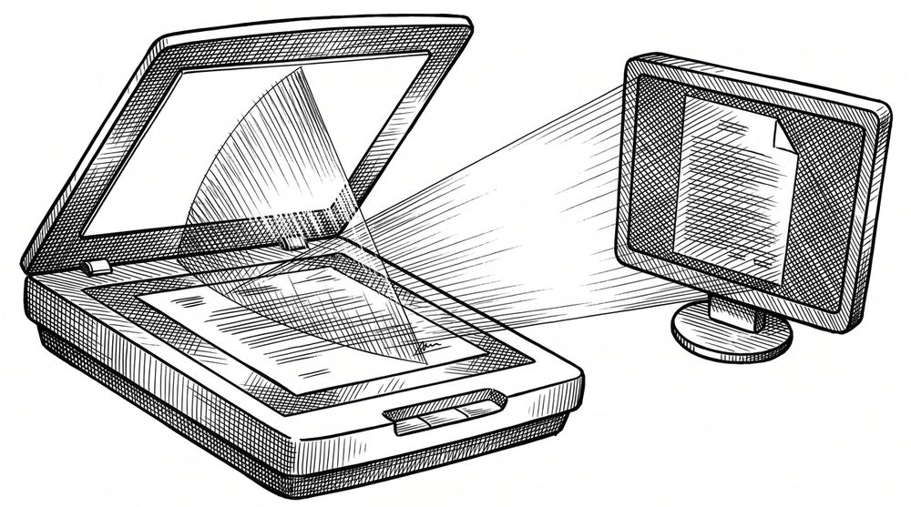 Pen drawing of a document being scanned by a beam of light.