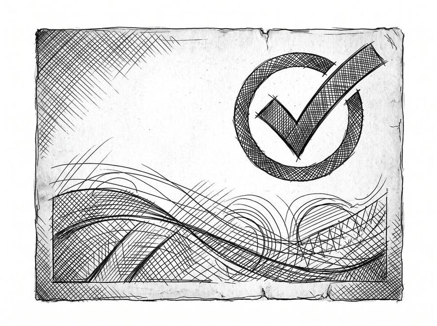 Pen drawing of a document with a quality checkmark.