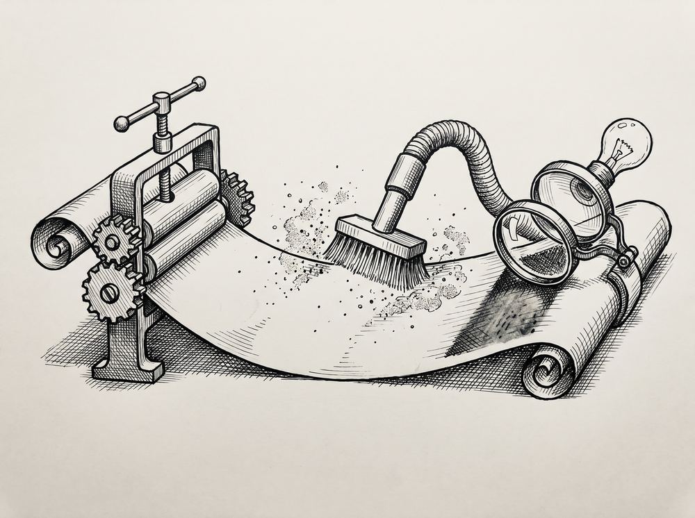 Pen drawing of a document being cleaned up by tools.