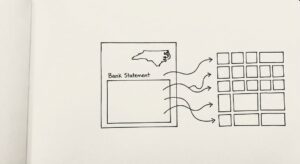 Pen drawing of a single SECU statement with a simple stylized state outline in the corner, arrows flowing to a clean spreadsheet grid