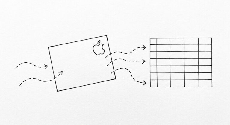 Pen drawing of a single SchoolsFirst statement with a simple apple shape in the corner, arrows flowing to a clean spreadsheet grid