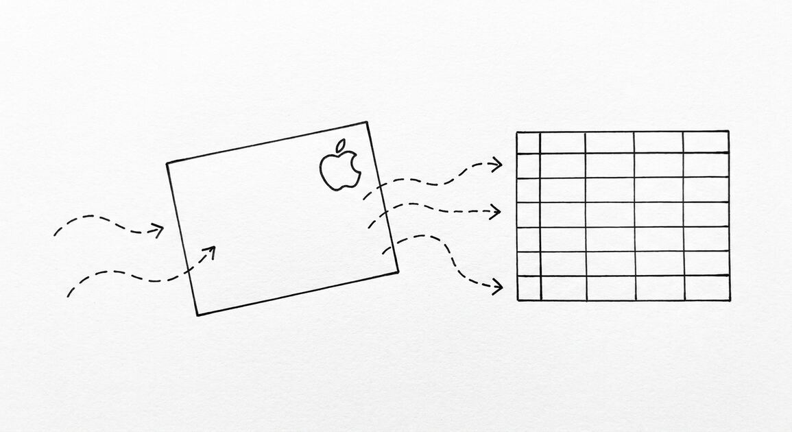Pen drawing of a single SchoolsFirst statement with a simple apple shape in the corner, arrows flowing to a clean spreadsheet grid