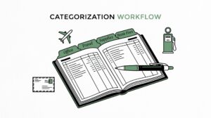 Open ledger book with category tabs and bookkeeper pen