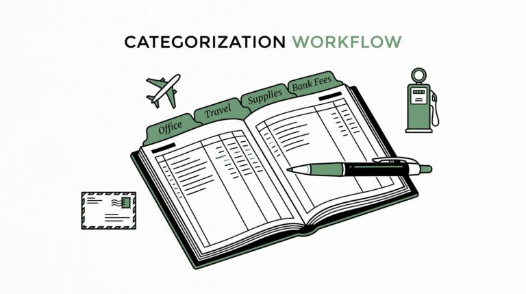 How to Categorize Bank Statement Transactions: A Bookkeeper Workflow Open ledger book with category tabs and bookkeeper pen