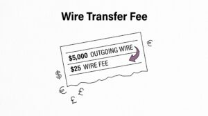 Bank statement entry showing wire transfer and wire fee as separate lines