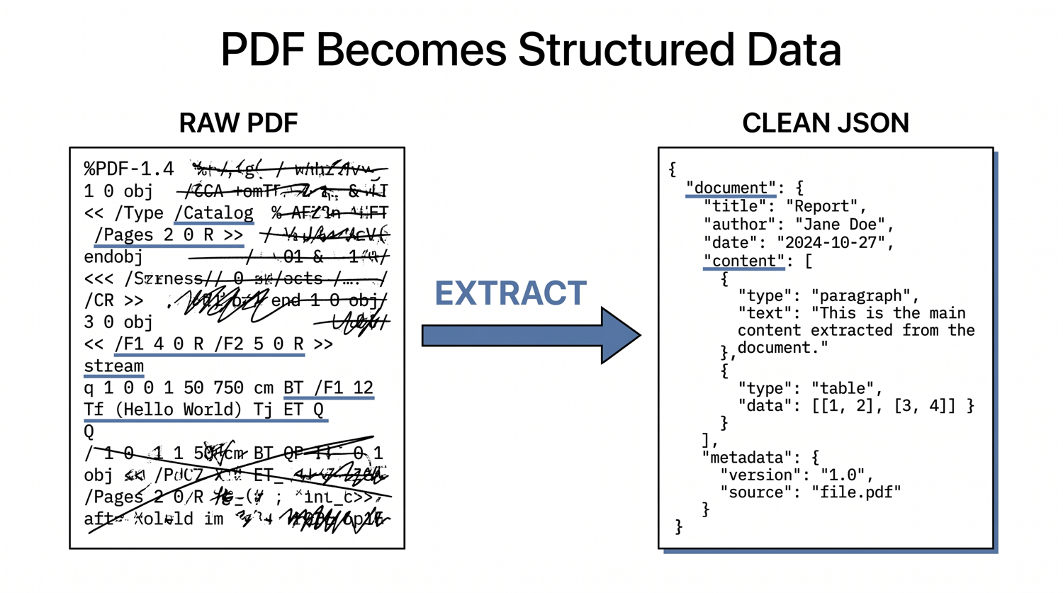 Comparison of messy PDF text and clean JSON output structure