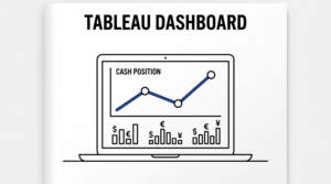 Laptop screen showing cash position line chart with three data points
