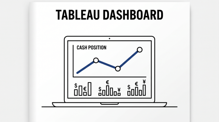 Connect Bank Statement Data to Tableau Laptop screen showing cash position line chart with three data points