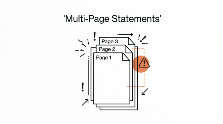 Stack of three paper bank statement pages showing multi-page structure