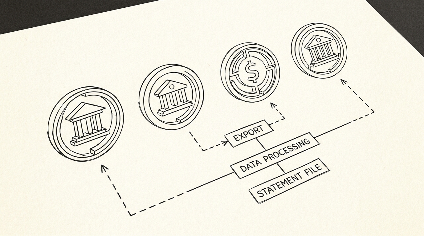 Large National Bank Statement Export: Chase, BoA, Wells Fargo, Citi Pen drawing illustrating bank statement concept