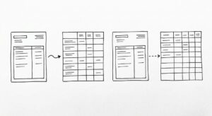 Pen drawing of two side-by-side bank statements with different arrows leading to different spreadsheet grids