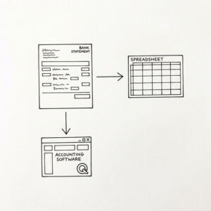 Pen drawing of a single US Bank statement with two arrows leaving: one to a clean spreadsheet grid, another to a small QuickBooks window
