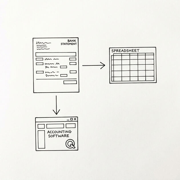 Pen drawing of a single US Bank statement with two arrows leaving: one to a clean spreadsheet grid, another to a small QuickBooks window