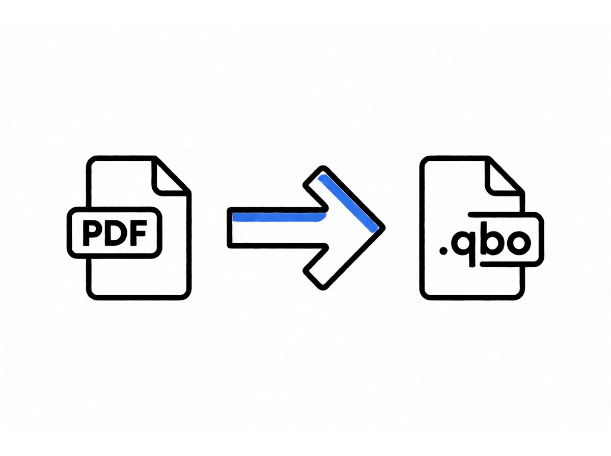 A flat-line illustration showing a PDF document with an arrow pointing to a QuickBooks .qbo file, in black line and blue accent