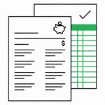 A flat-line illustration of a Wells Fargo bank statement being converted to a spreadsheet, with a green header, green gridlines, a checkmark, and a small piggy bank icon